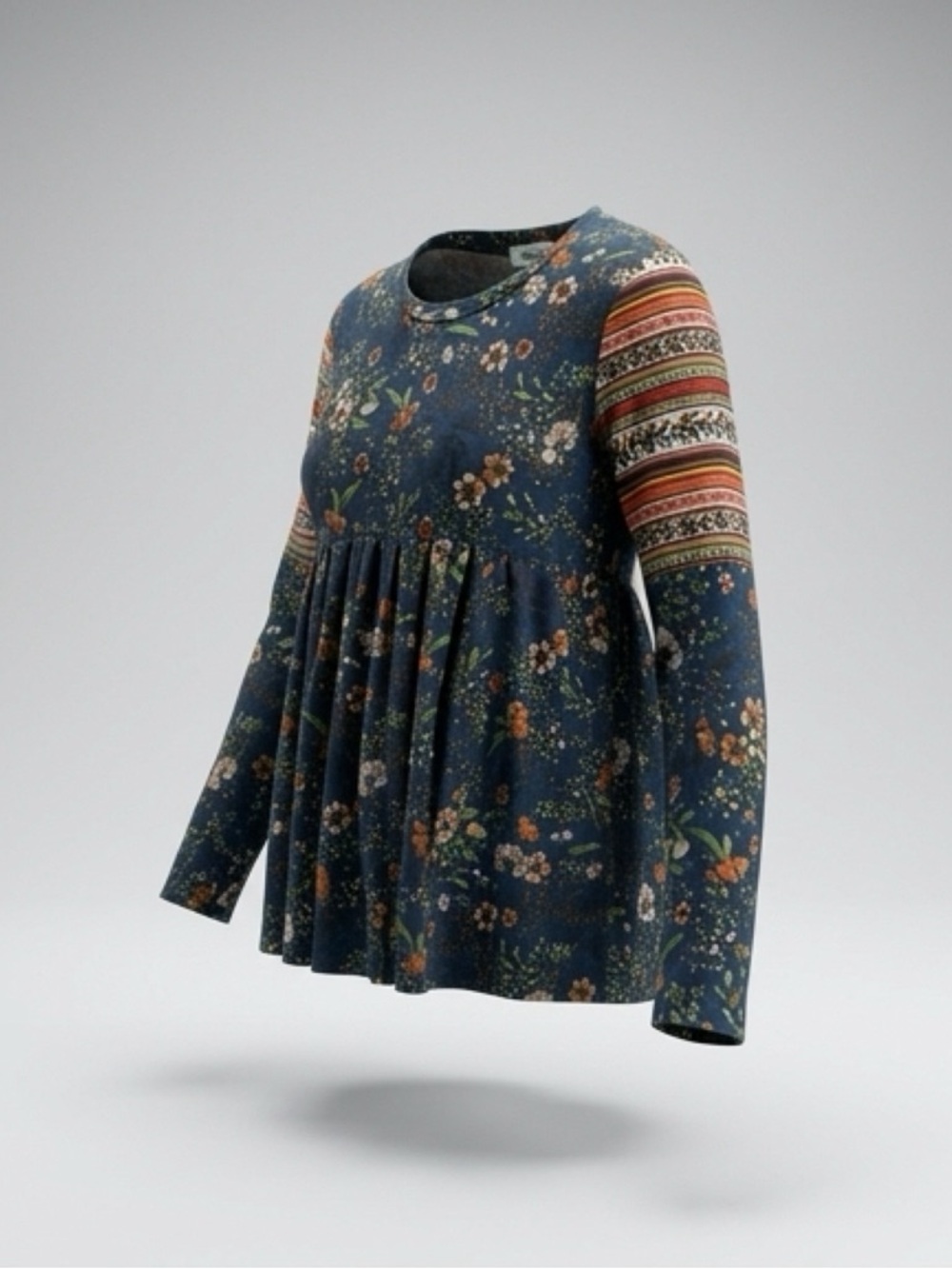 Floral Navy Boho Tunic‎ with Patterned Long Sleeves